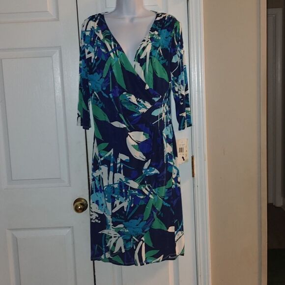 sangria Dresses & Skirts - Sangria blue green white faux wrap dress Sz 12 NWT
